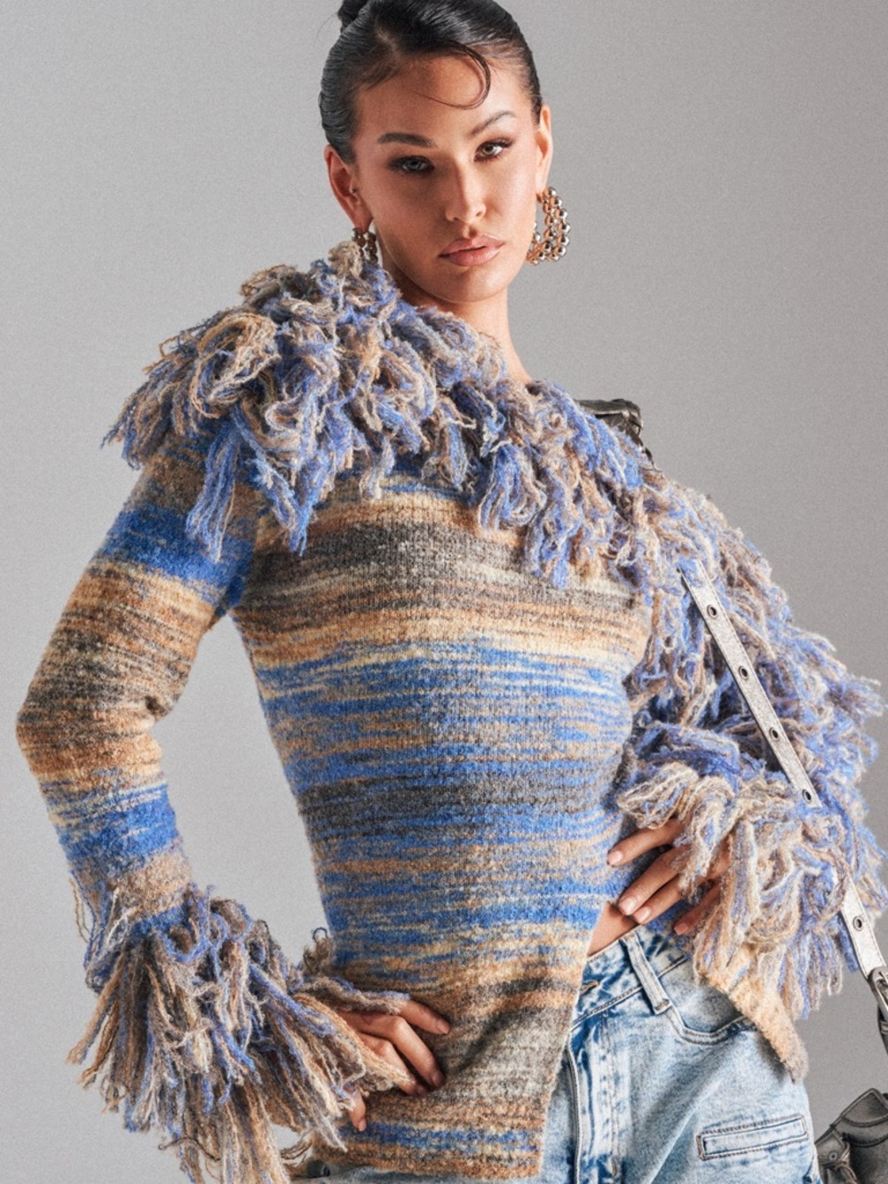 Showstopper Blue &Tan Fringe Off-Shoulder Sweater (please read the description)